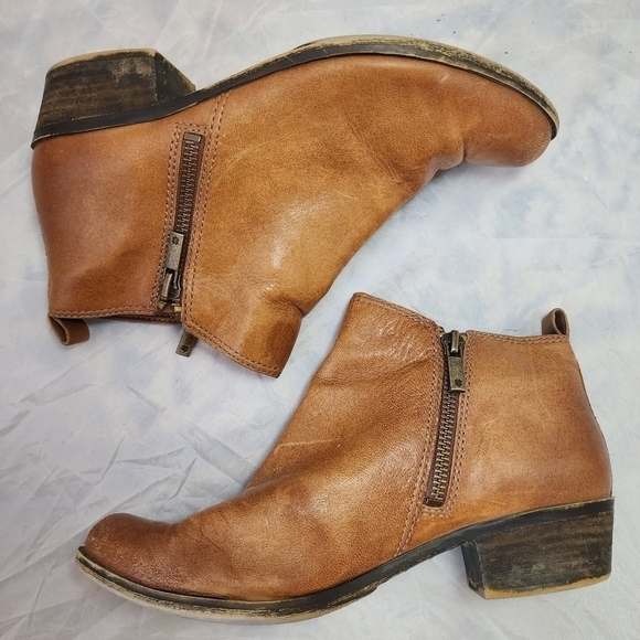 Lucky Brand Basel Heeled Ankle Bootie Boot Brown Leather Women's 7.5 Zip Sides - Picture 1 of 13